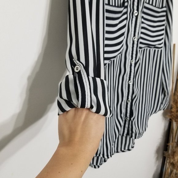 Dynamite Black White Striped Roll Tab Sleeve Pocket Business Casual Business XXS - Picture 5 of 7